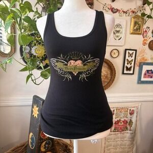 Vintage Y2K Hippie Princess Black Tank Top Heart Wings Butterfly Biker Sz Large